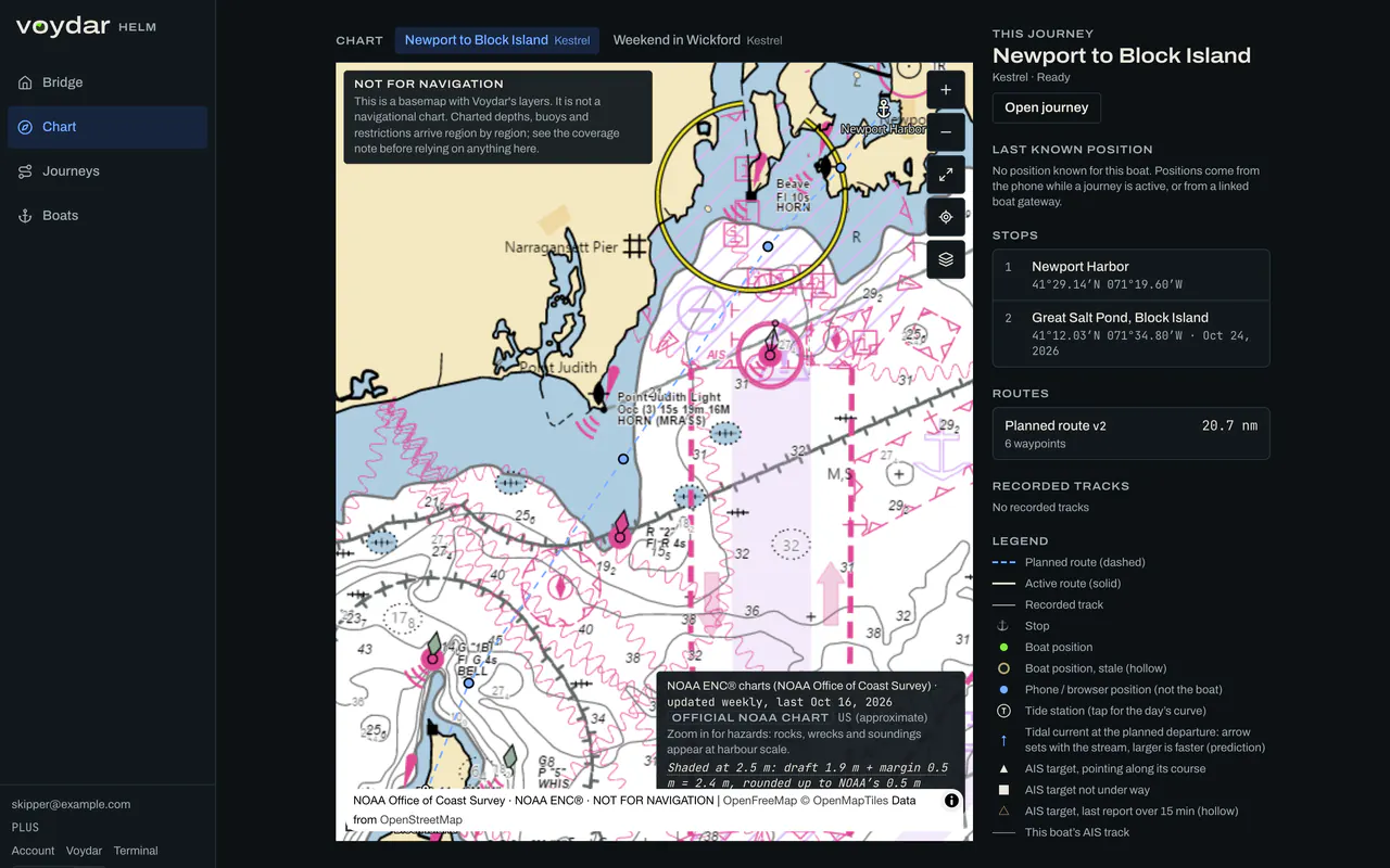 Voydar Helm’s chart for a demo sailboat: the planned route from Newport to Block Island on the NOAA chart, with the journey’s stops and route length beside it.