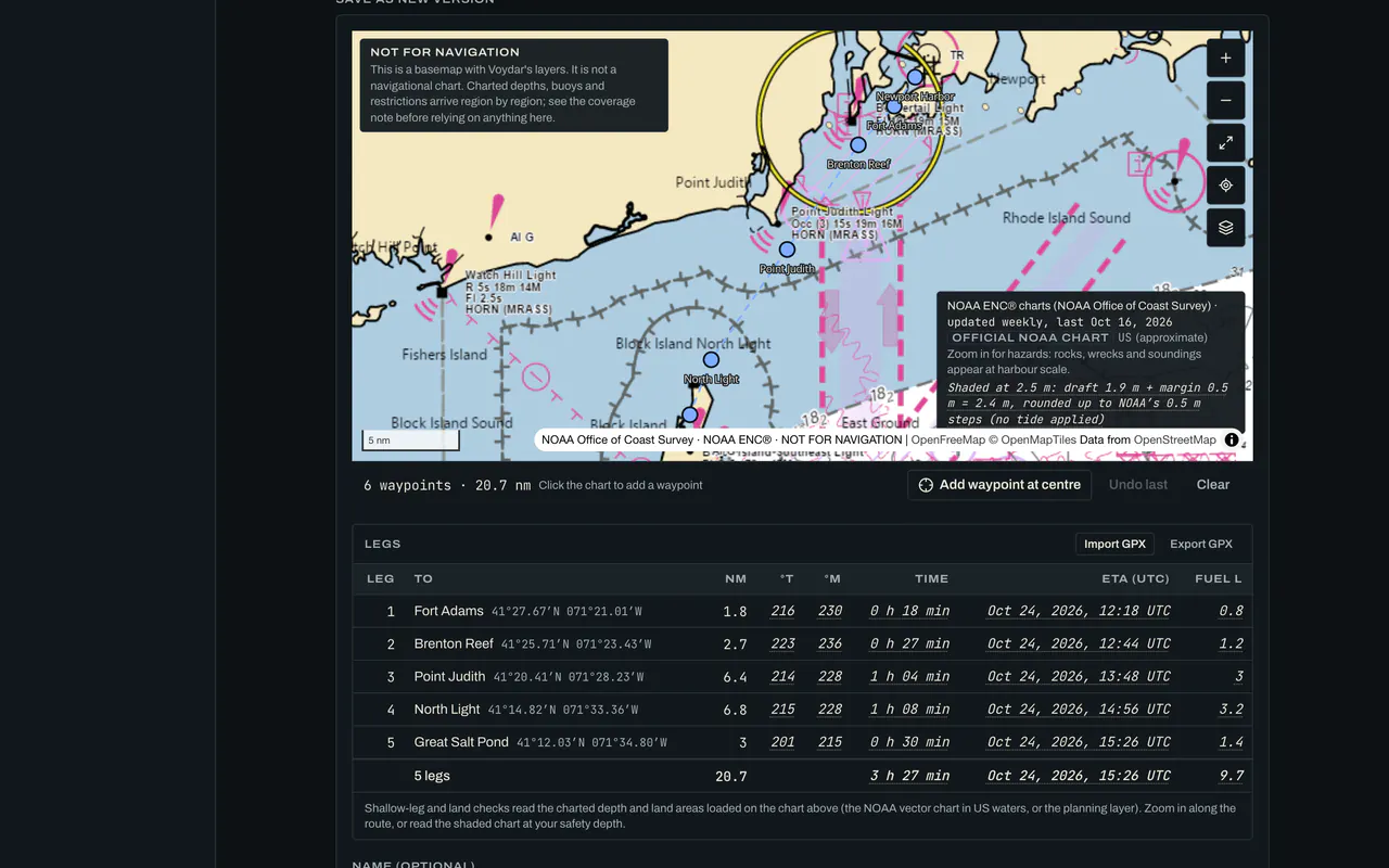 A demo journey’s route in Helm: waypoints on the NOAA chart and the legs table with distances, bearings, times and fuel.