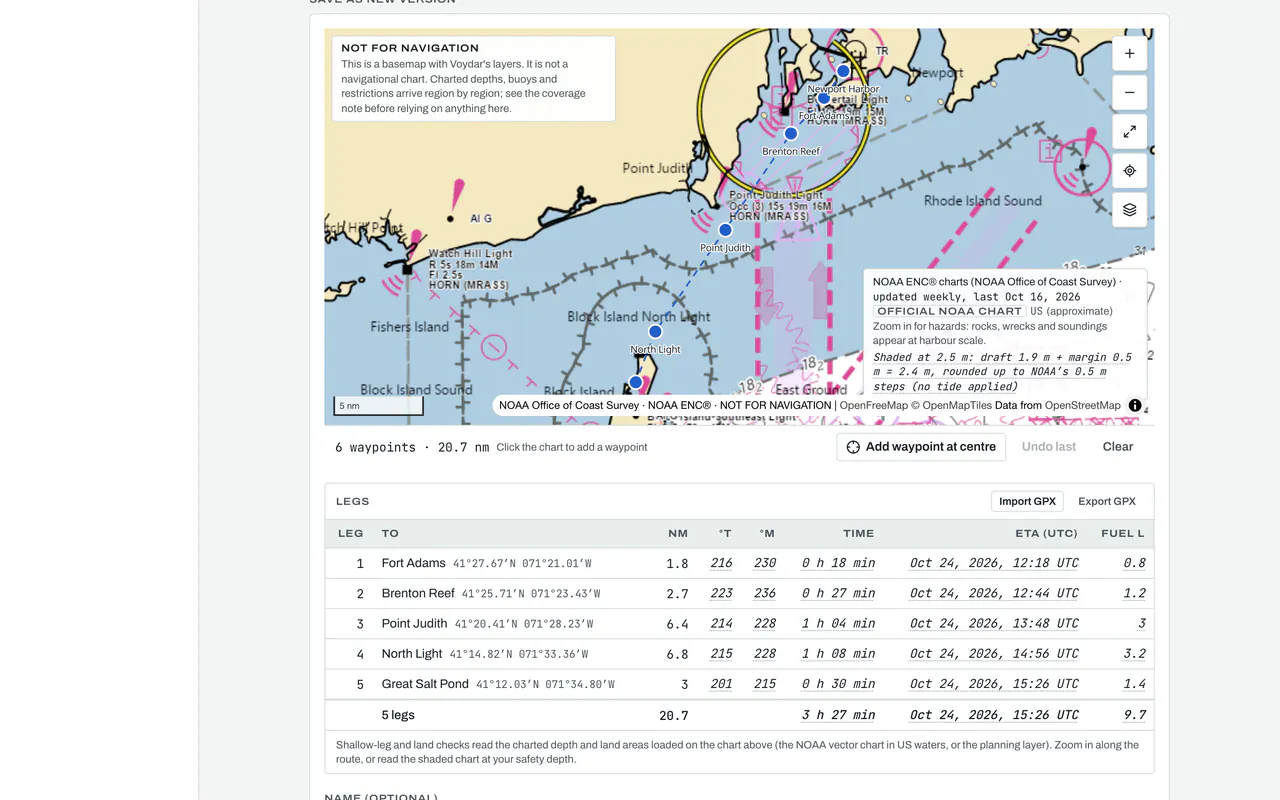 A demo journey’s route in Helm: waypoints on the NOAA chart and the legs table with distances, bearings, times and fuel.